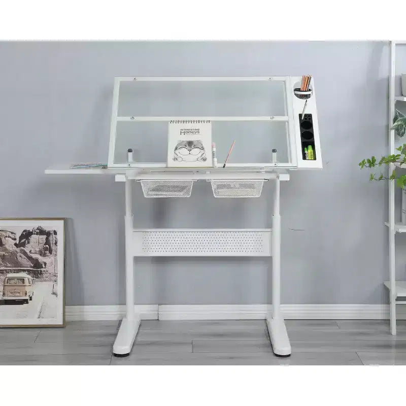 JVNOXK table à dessin réglable à manivelle avec 2 tiroirs métalliques (blanc) - AVEC TABOURET