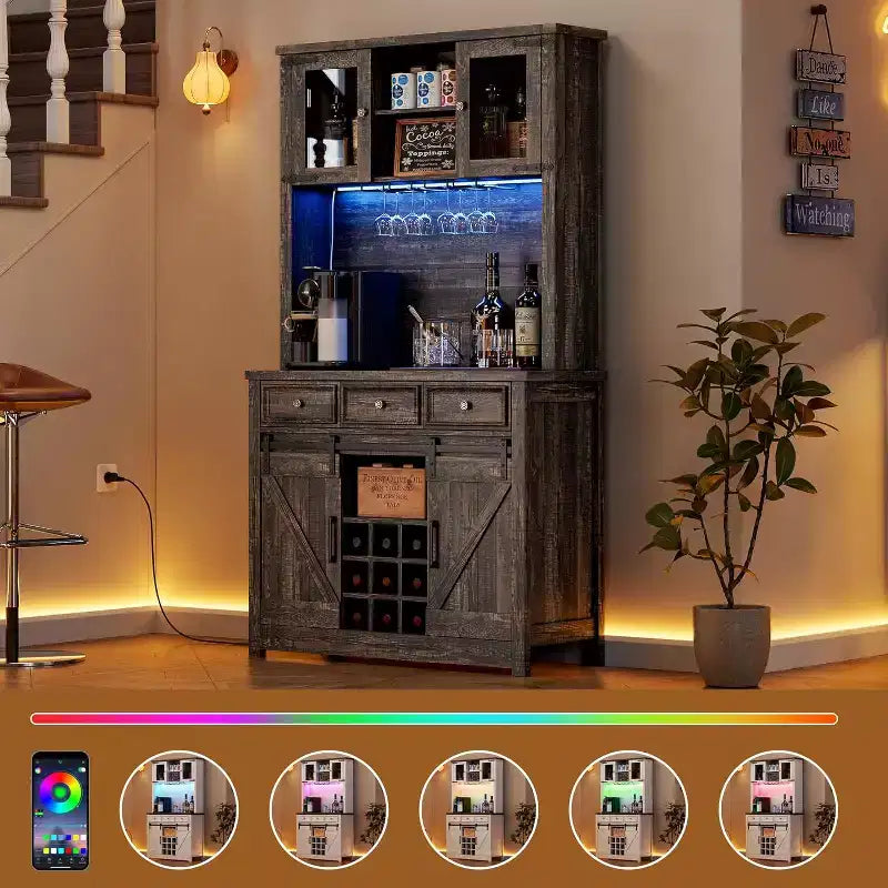 Meuble de bar de ferme de 72 pouces avec support à verres à vin, grand buffet de cuisine avec 3 tiroirs et porte coulissante style grange, armoire de rangement haute pour bar à la maison