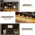 Meuble de bar de ferme de 72 pouces avec support à verres à vin, grand buffet de cuisine avec 3 tiroirs et porte coulissante style grange, armoire de rangement haute pour bar à la maison