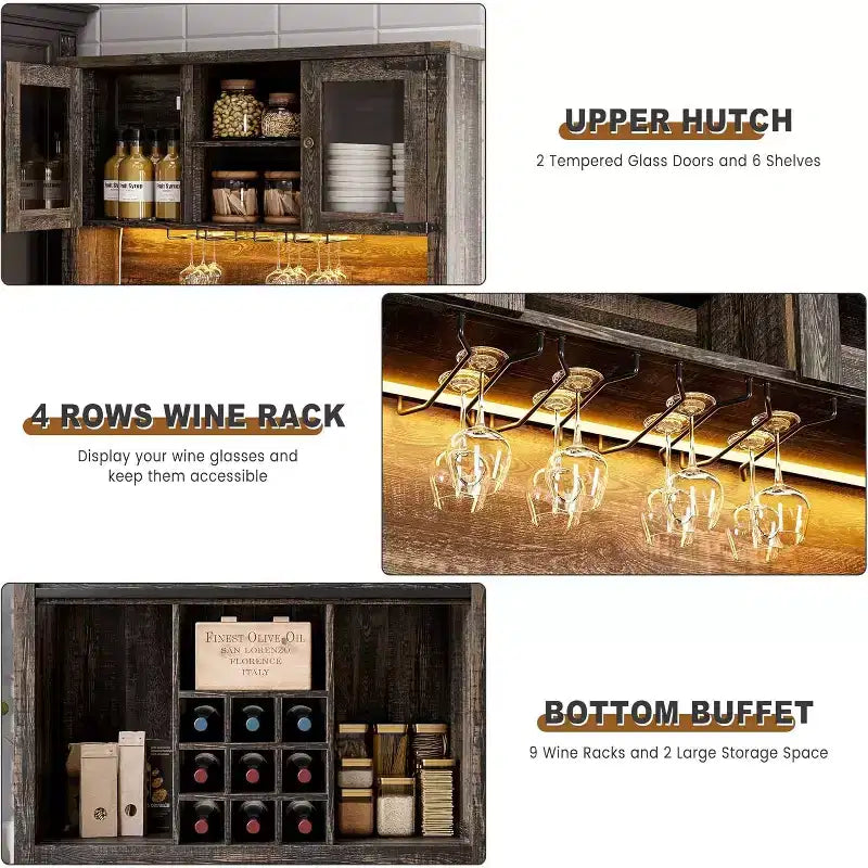 Meuble de bar de ferme de 72 pouces avec support à verres à vin, grand buffet de cuisine avec 3 tiroirs et porte coulissante style grange, armoire de rangement haute pour bar à la maison