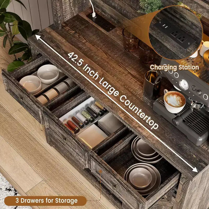Meuble de bar de ferme de 72 pouces avec support à verres à vin, grand buffet de cuisine avec 3 tiroirs et porte coulissante style grange, armoire de rangement haute pour bar à la maison