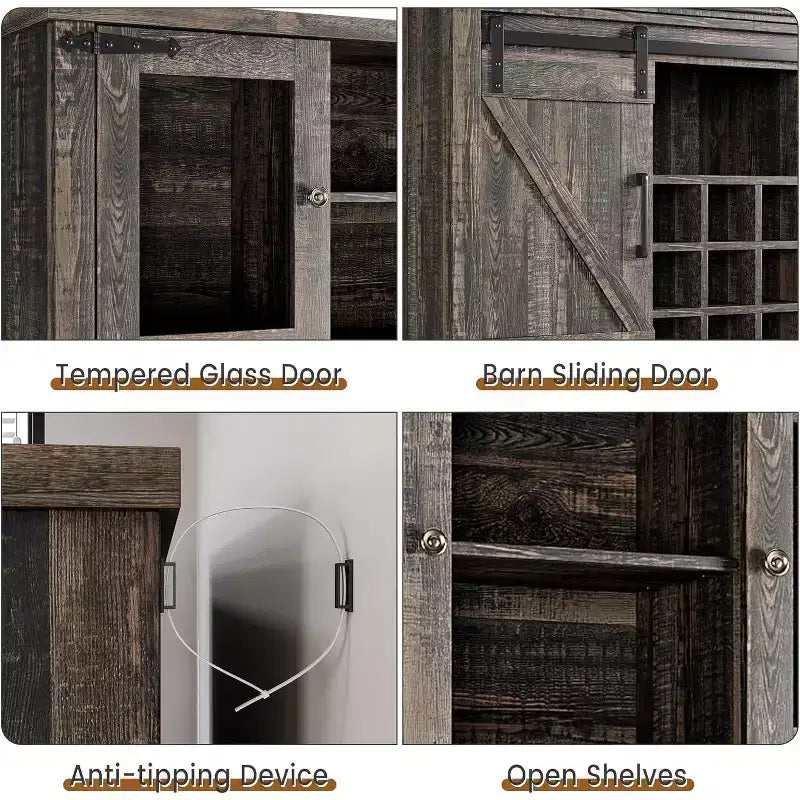 Meuble de bar de ferme de 72 pouces avec support à verres à vin, grand buffet de cuisine avec 3 tiroirs et porte coulissante style grange, armoire de rangement haute pour bar à la maison