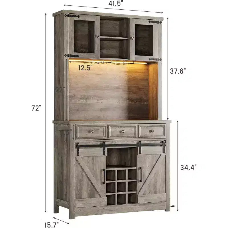 Meuble de bar de ferme de 72 pouces avec support à verres à vin, grand buffet de cuisine avec 3 tiroirs et porte coulissante style grange, armoire de rangement haute pour bar à la maison