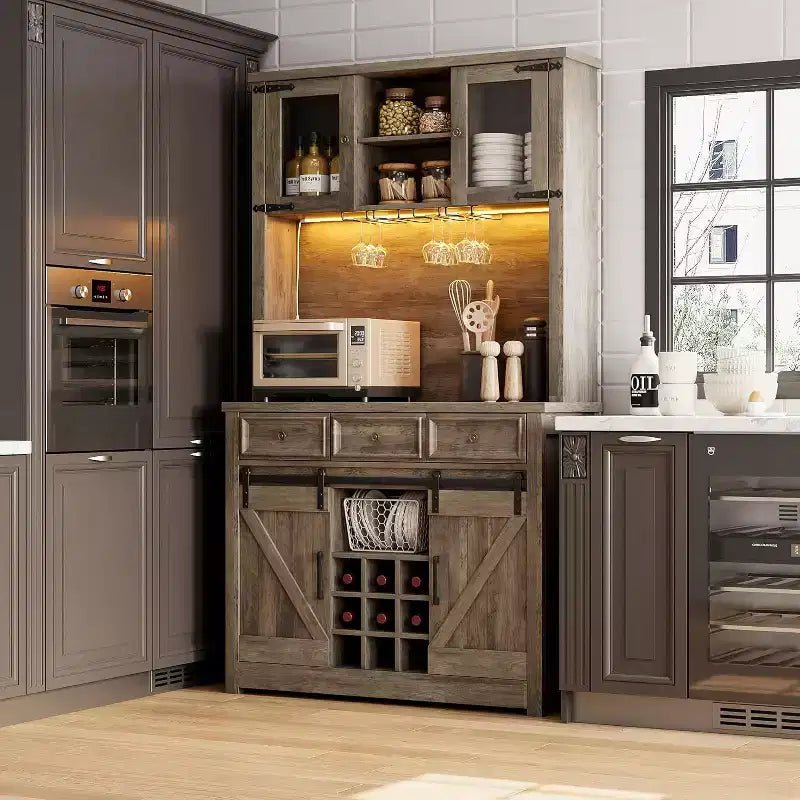 Meuble de bar de ferme de 72 pouces avec support à verres à vin, grand buffet de cuisine avec 3 tiroirs et porte coulissante style grange, armoire de rangement haute pour bar à la maison