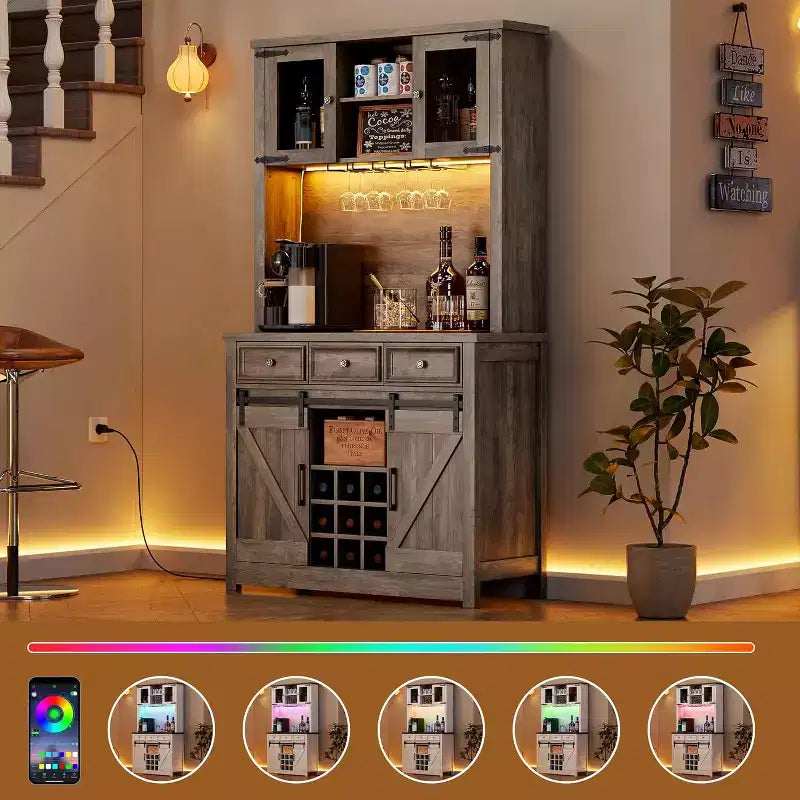 Meuble de bar de ferme de 72 pouces avec support à verres à vin, grand buffet de cuisine avec 3 tiroirs et porte coulissante style grange, armoire de rangement haute pour bar à la maison