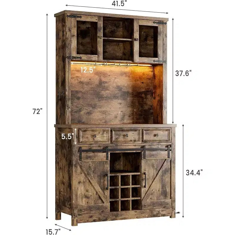 Meuble de bar de ferme de 72 pouces avec support à verres à vin, grand buffet de cuisine avec 3 tiroirs et porte coulissante style grange, armoire de rangement haute pour bar à la maison