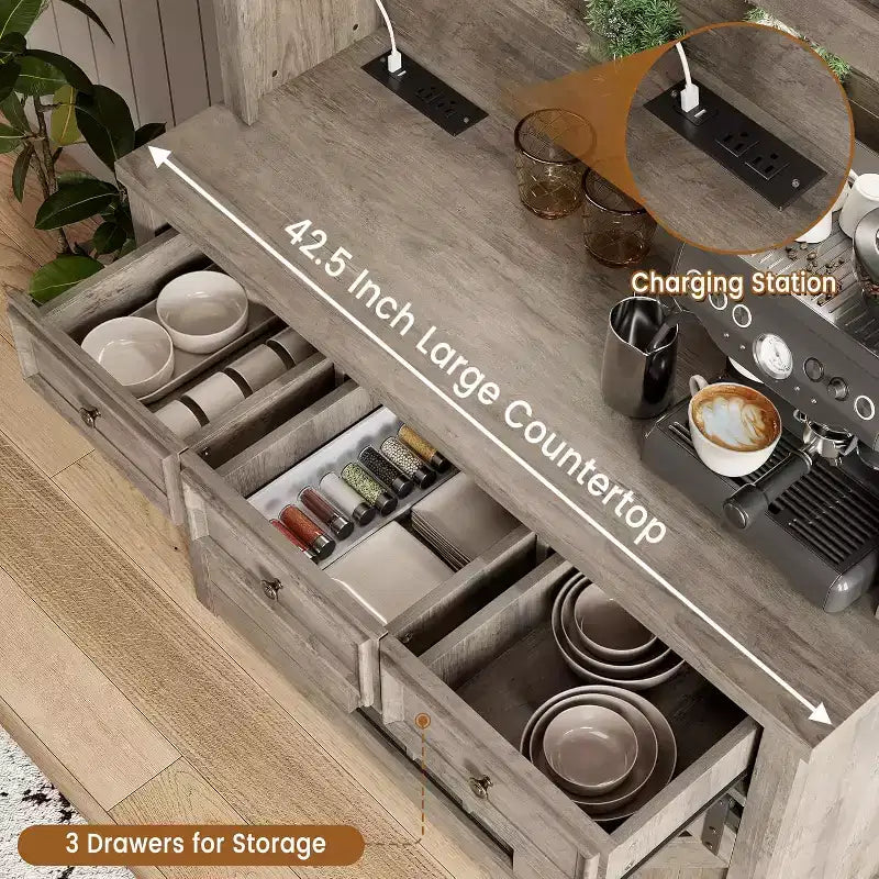 Meuble de bar de ferme de 72 pouces avec support à verres à vin, grand buffet de cuisine avec 3 tiroirs et porte coulissante style grange, armoire de rangement haute pour bar à la maison