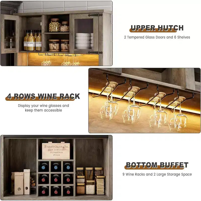 Meuble de bar de ferme de 72 pouces avec support à verres à vin, grand buffet de cuisine avec 3 tiroirs et porte coulissante style grange, armoire de rangement haute pour bar à la maison
