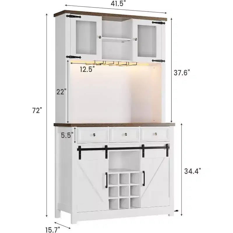 Meuble de bar de ferme de 72 pouces avec support à verres à vin, grand buffet de cuisine avec 3 tiroirs et porte coulissante style grange, armoire de rangement haute pour bar à la maison
