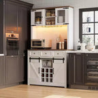 Meuble de bar de ferme de 72 pouces avec support à verres à vin, grand buffet de cuisine avec 3 tiroirs et porte coulissante style grange, armoire de rangement haute pour bar à la maison