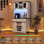 Meuble de bar de ferme de 72 pouces avec support à verres à vin, grand buffet de cuisine avec 3 tiroirs et porte coulissante style grange, armoire de rangement haute pour bar à la maison