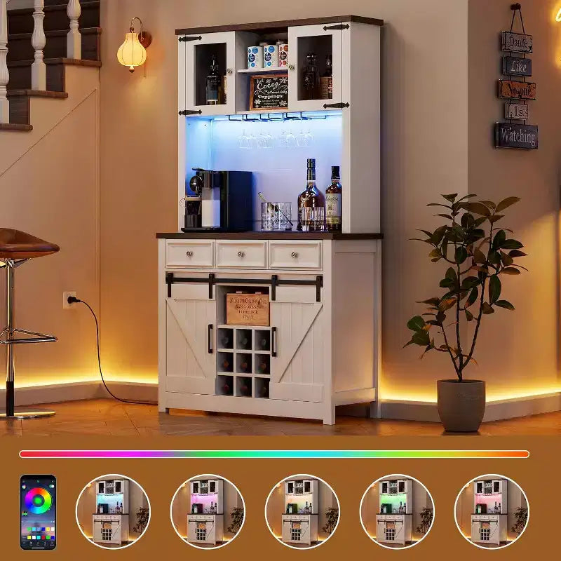 Meuble de bar de ferme de 72 pouces avec support à verres à vin, grand buffet de cuisine avec 3 tiroirs et porte coulissante style grange, armoire de rangement haute pour bar à la maison