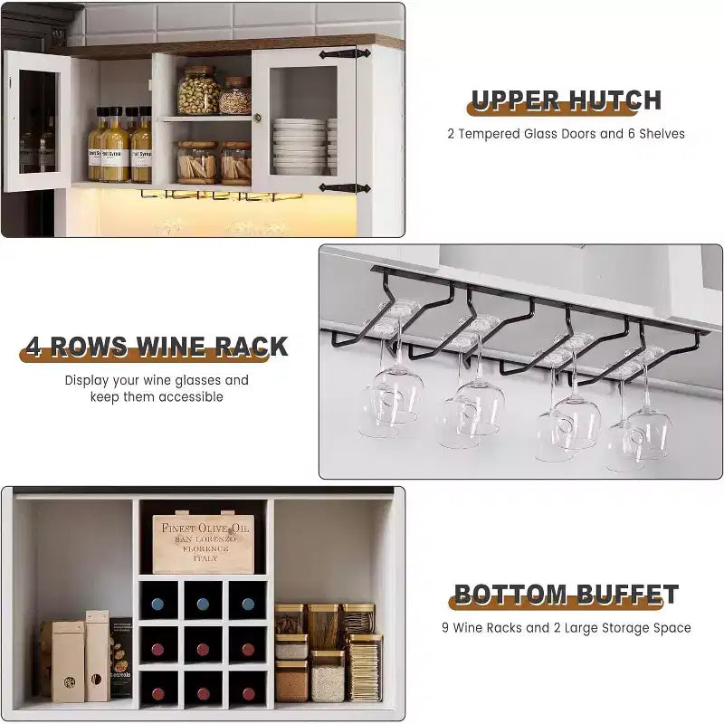 Meuble de bar de ferme de 72 pouces avec support à verres à vin, grand buffet de cuisine avec 3 tiroirs et porte coulissante style grange, armoire de rangement haute pour bar à la maison