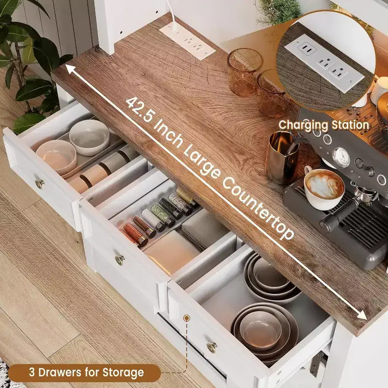 Meuble de bar de ferme de 72 pouces avec support à verres à vin, grand buffet de cuisine avec 3 tiroirs et porte coulissante style grange, armoire de rangement haute pour bar à la maison