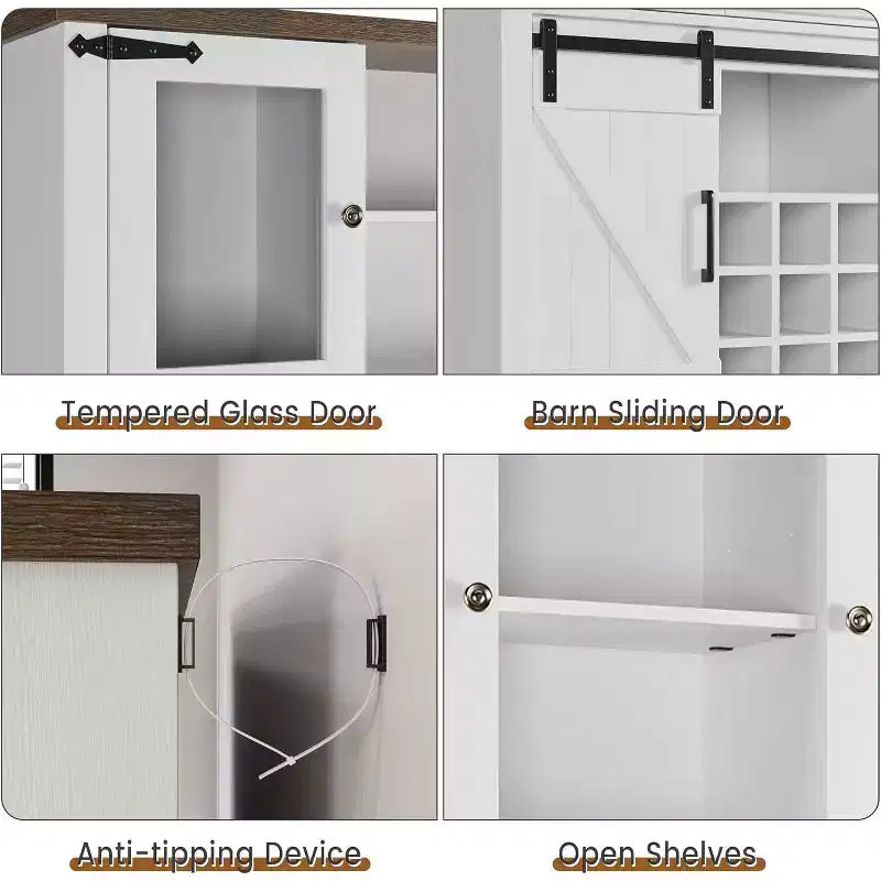 Meuble de bar de ferme de 72 pouces avec support à verres à vin, grand buffet de cuisine avec 3 tiroirs et porte coulissante style grange, armoire de rangement haute pour bar à la maison