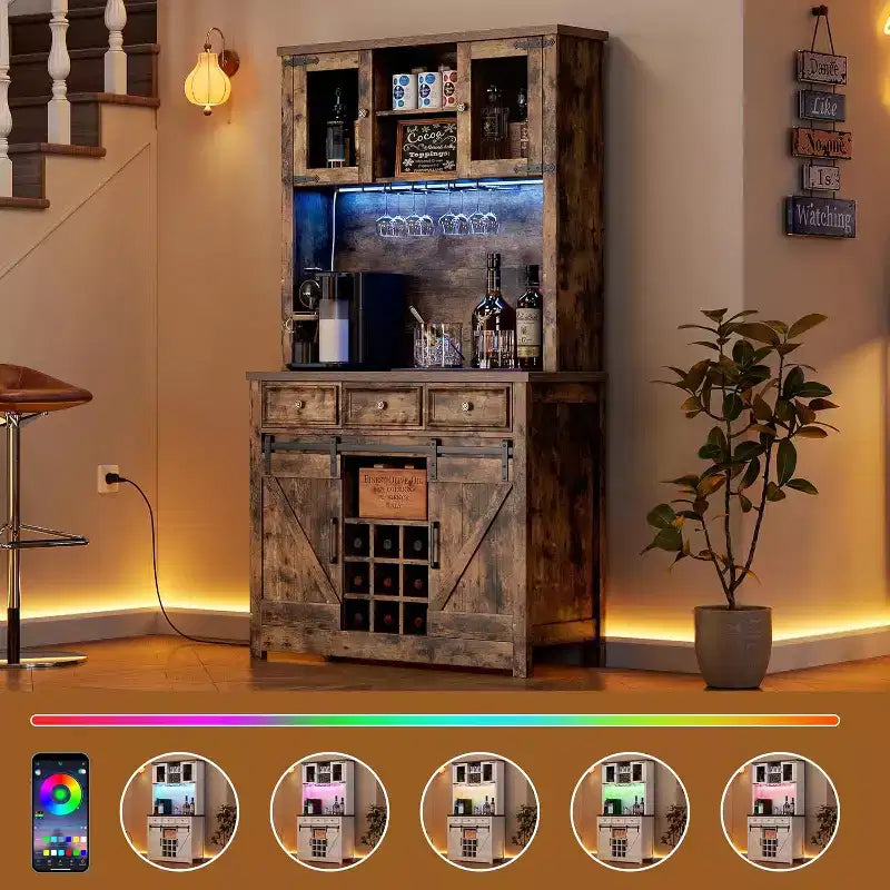 Meuble de bar de ferme de 72 pouces avec support à verres à vin, grand buffet de cuisine avec 3 tiroirs et porte coulissante style grange, armoire de rangement haute pour bar à la maison