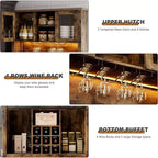 Meuble de bar de ferme de 72 pouces avec support à verres à vin, grand buffet de cuisine avec 3 tiroirs et porte coulissante style grange, armoire de rangement haute pour bar à la maison