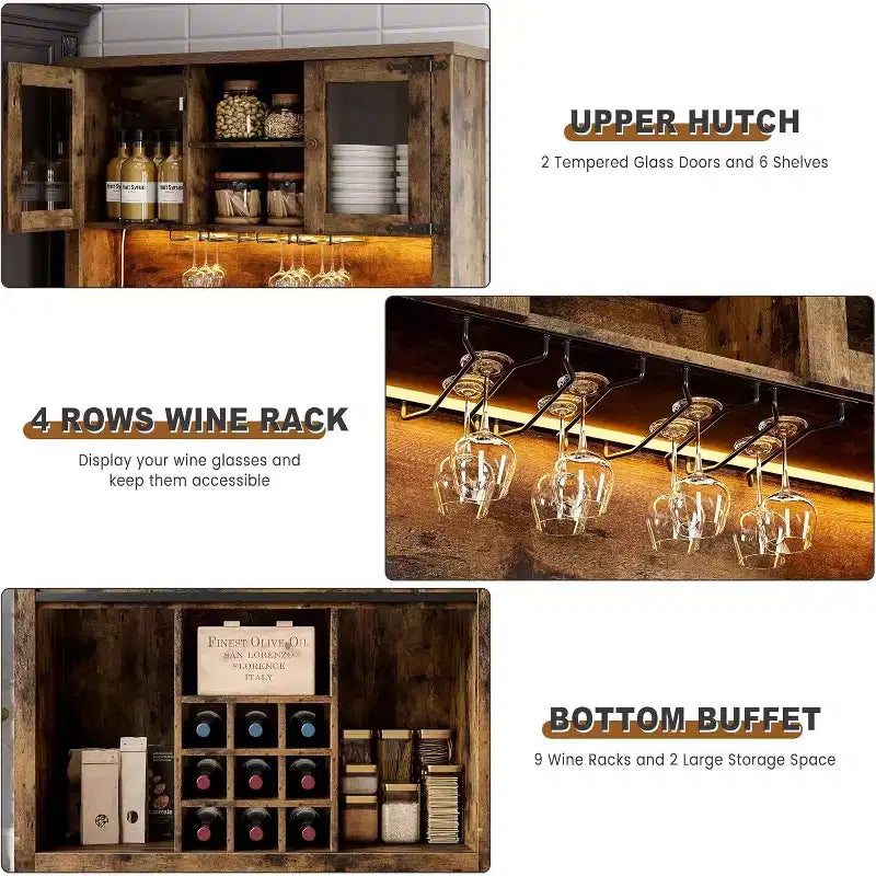 Meuble de bar de ferme de 72 pouces avec support à verres à vin, grand buffet de cuisine avec 3 tiroirs et porte coulissante style grange, armoire de rangement haute pour bar à la maison