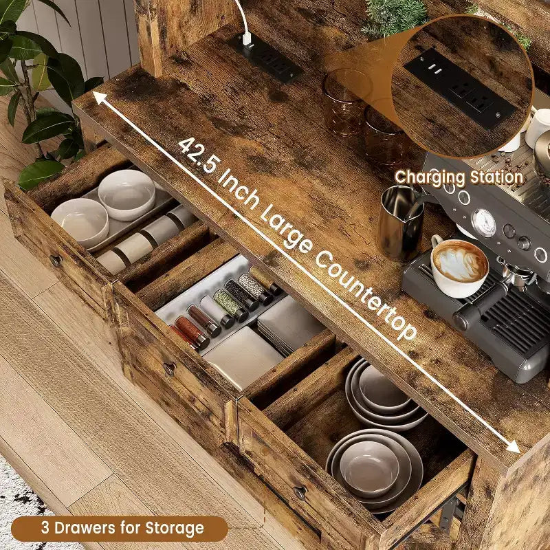 Meuble de bar de ferme de 72 pouces avec support à verres à vin, grand buffet de cuisine avec 3 tiroirs et porte coulissante style grange, armoire de rangement haute pour bar à la maison