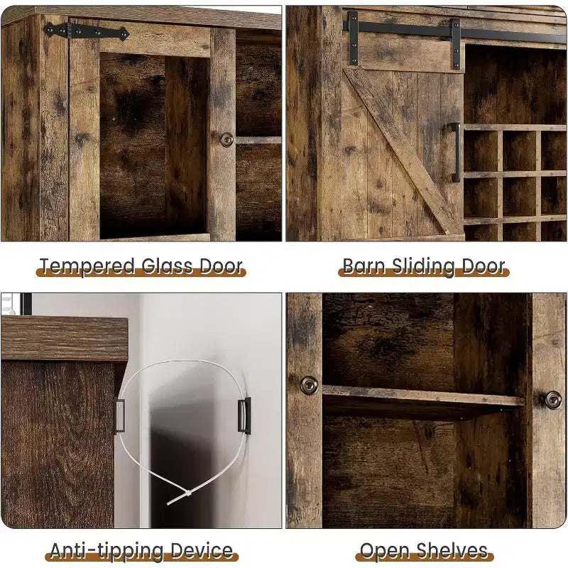 Meuble de bar de ferme de 72 pouces avec support à verres à vin, grand buffet de cuisine avec 3 tiroirs et porte coulissante style grange, armoire de rangement haute pour bar à la maison