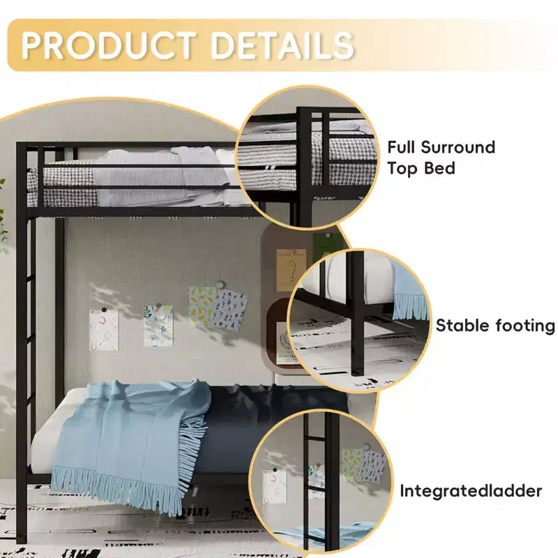 Okak Queen/Grand lit superposé robuste en métal avec échelles et garde-corps pleine longueur, cadre de lit contemporain pour chambre à coucher, appartements