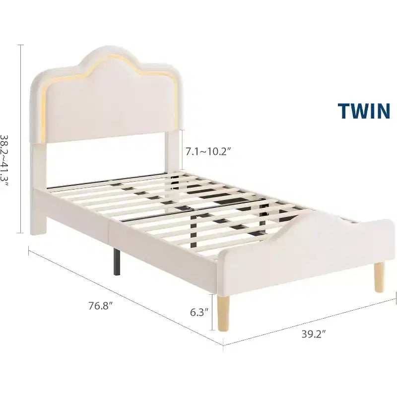 Cadre de lit rembourré LED Beige/Rose/Gris avec tête de lit réglable, lit plateforme de princesse en velours pour filles avec support à lattes en bois, montage facile