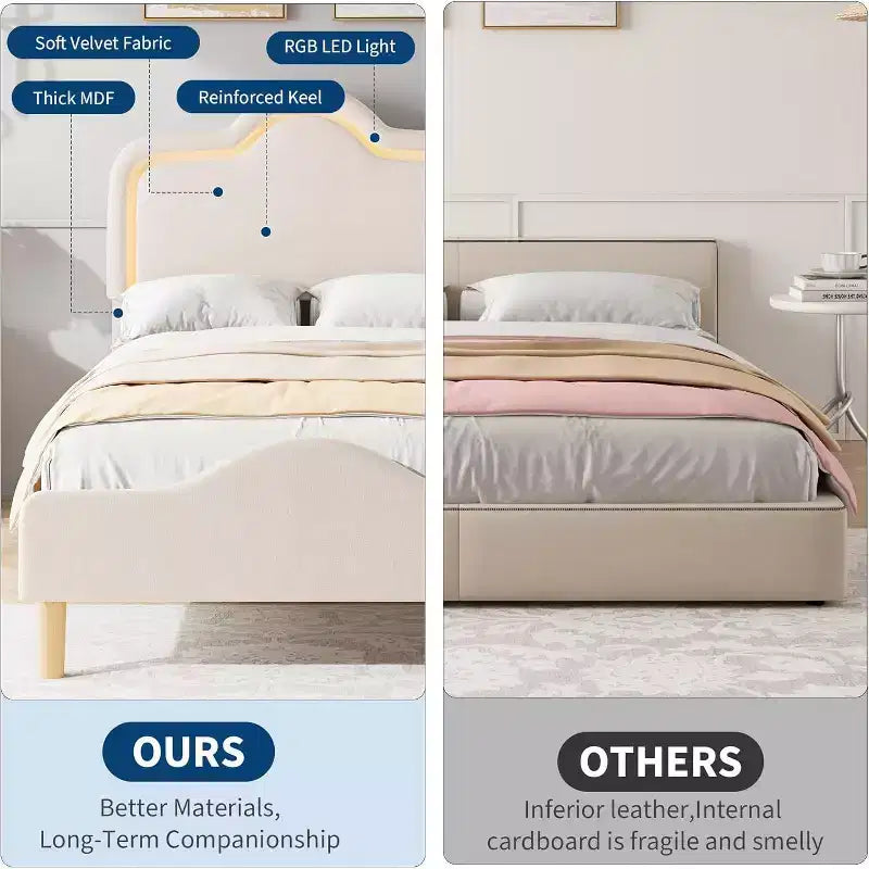 Cadre de lit rembourré LED Beige/Rose/Gris avec tête de lit réglable, lit plateforme de princesse en velours pour filles avec support à lattes en bois, montage facile