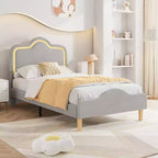 Cadre de lit rembourré LED Beige/Rose/Gris avec tête de lit réglable, lit plateforme de princesse en velours pour filles avec support à lattes en bois, montage facile