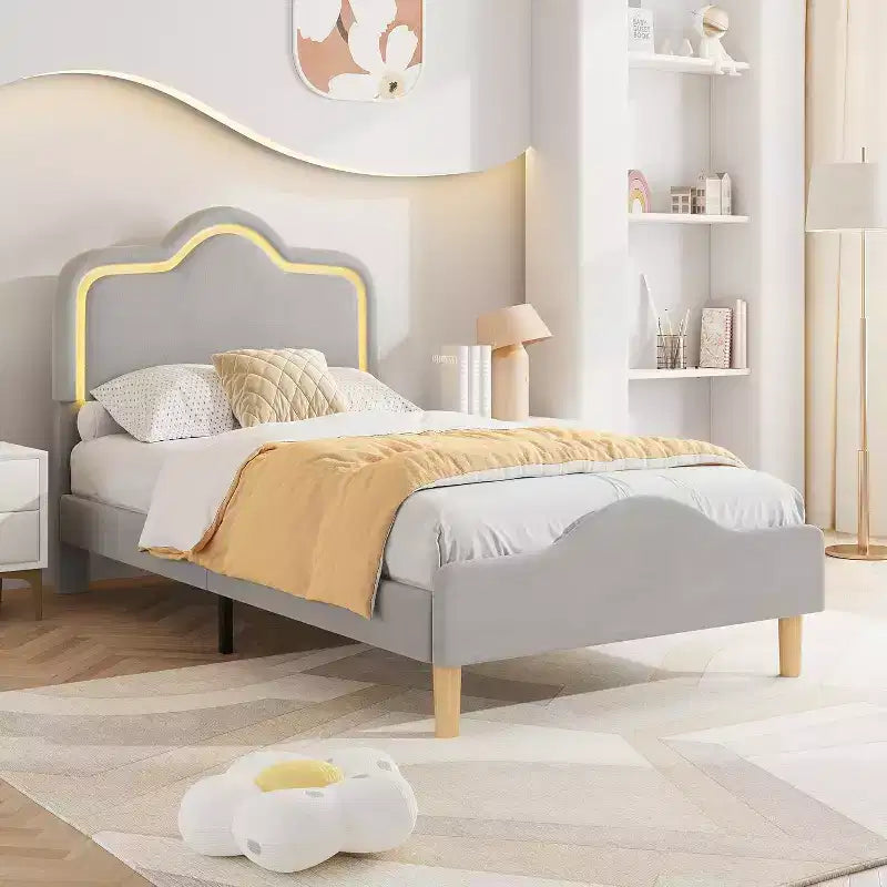 Cadre de lit rembourré LED Beige/Rose/Gris avec tête de lit réglable, lit plateforme de princesse en velours pour filles avec support à lattes en bois, montage facile