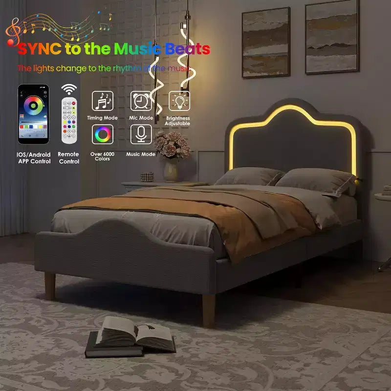 Cadre de lit rembourré LED Beige/Rose/Gris avec tête de lit réglable, lit plateforme de princesse en velours pour filles avec support à lattes en bois, montage facile