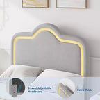 Cadre de lit rembourré LED Beige/Rose/Gris avec tête de lit réglable, lit plateforme de princesse en velours pour filles avec support à lattes en bois, montage facile
