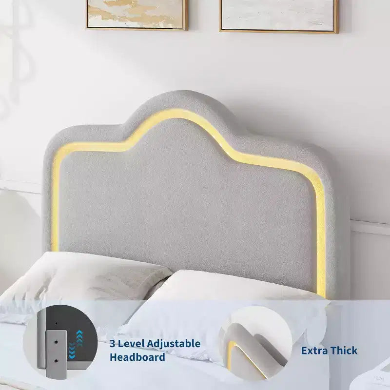 Cadre de lit rembourré LED Beige/Rose/Gris avec tête de lit réglable, lit plateforme de princesse en velours pour filles avec support à lattes en bois, montage facile