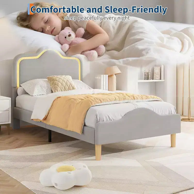Cadre de lit rembourré LED Beige/Rose/Gris avec tête de lit réglable, lit plateforme de princesse en velours pour filles avec support à lattes en bois, montage facile