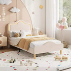 Cadre de lit rembourré LED Beige/Rose/Gris avec tête de lit réglable, lit plateforme de princesse en velours pour filles avec support à lattes en bois, montage facile