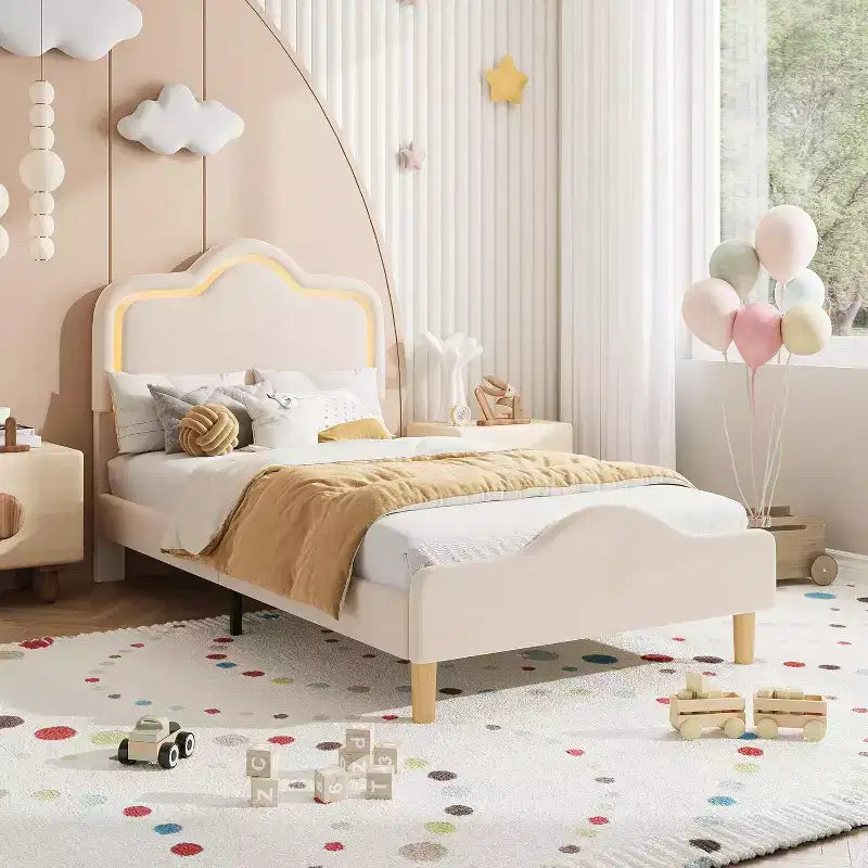 Cadre de lit rembourré LED Beige/Rose/Gris avec tête de lit réglable, lit plateforme de princesse en velours pour filles avec support à lattes en bois, montage facile