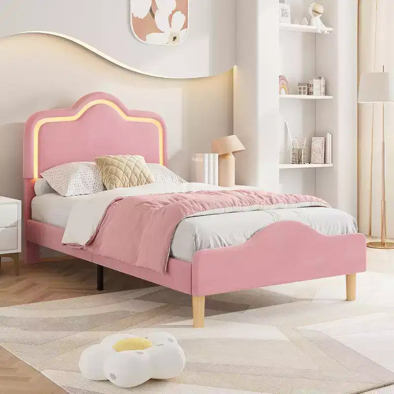 Cadre de lit rembourré LED Beige/Rose/Gris avec tête de lit réglable, lit plateforme de princesse en velours pour filles avec support à lattes en bois, montage facile