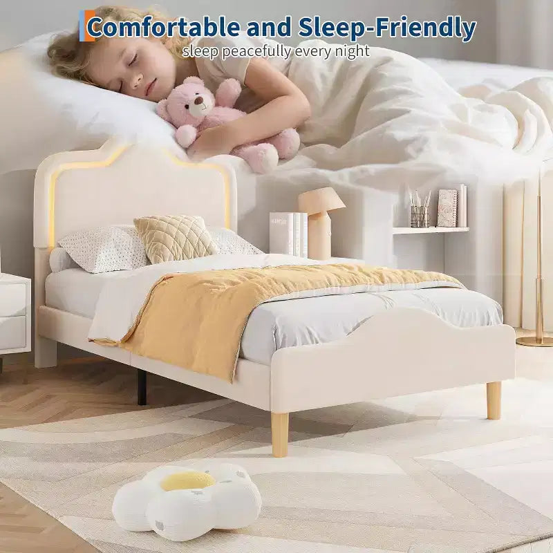 Cadre de lit rembourré LED Beige/Rose/Gris avec tête de lit réglable, lit plateforme de princesse en velours pour filles avec support à lattes en bois, montage facile