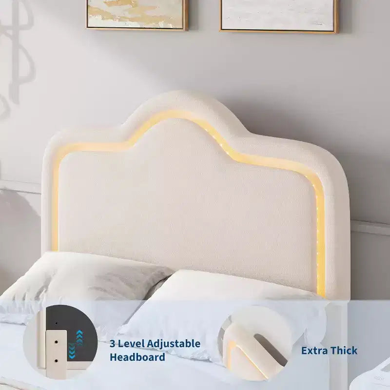 Cadre de lit rembourré LED Beige/Rose/Gris avec tête de lit réglable, lit plateforme de princesse en velours pour filles avec support à lattes en bois, montage facile