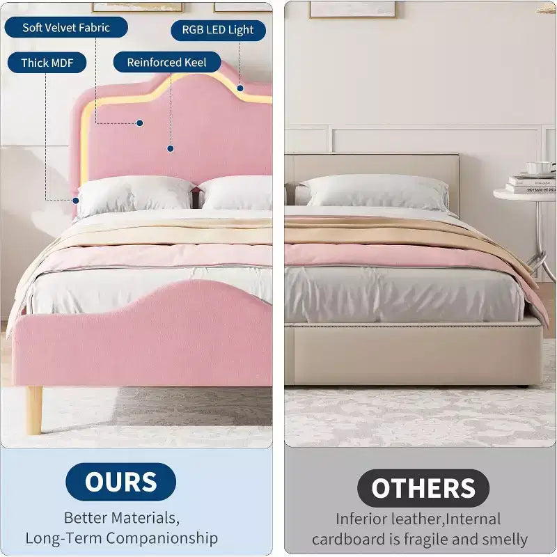 Cadre de lit rembourré LED Beige/Rose/Gris avec tête de lit réglable, lit plateforme de princesse en velours pour filles avec support à lattes en bois, montage facile