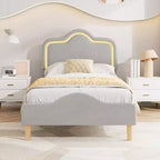 Cadre de lit rembourré LED Beige/Rose/Gris avec tête de lit réglable, lit plateforme de princesse en velours pour filles avec support à lattes en bois, montage facile