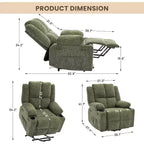 Fauteuil inclinable électrique surdimensionné pour personnes âgées, inclinable à 135°, avec fonction de levage, massage et chaleur, 2 porte-gobelets