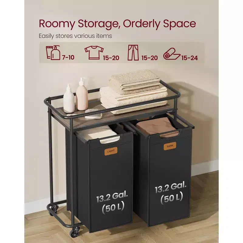 Laundry Sorter with Wheels, 26.4 Gal Rolling Cart with 2 Removable Liners & 6 Labels, Top Shelf for Detergent, Portable Hamper, Ink Black