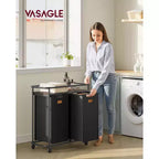 Trieur à linge à roulettes, panier roulant de 100 L avec 2 sacs amovibles et 6 étiquettes, étagère supérieure pour détergent, panier à linge portable, noir encre