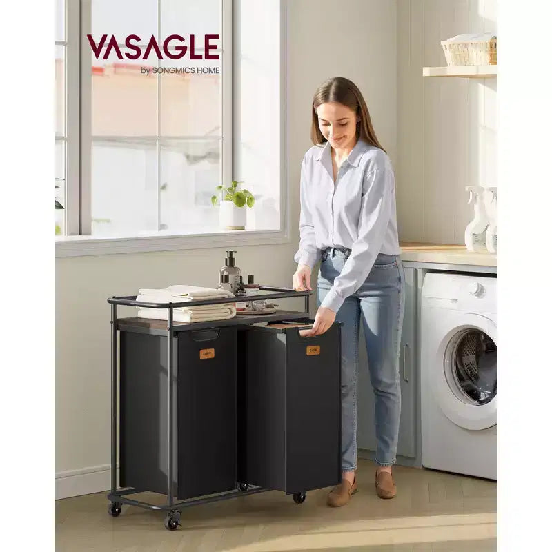 Trieur à linge à roulettes, panier roulant de 100 L avec 2 sacs amovibles et 6 étiquettes, étagère supérieure pour détergent, panier à linge portable, noir encre