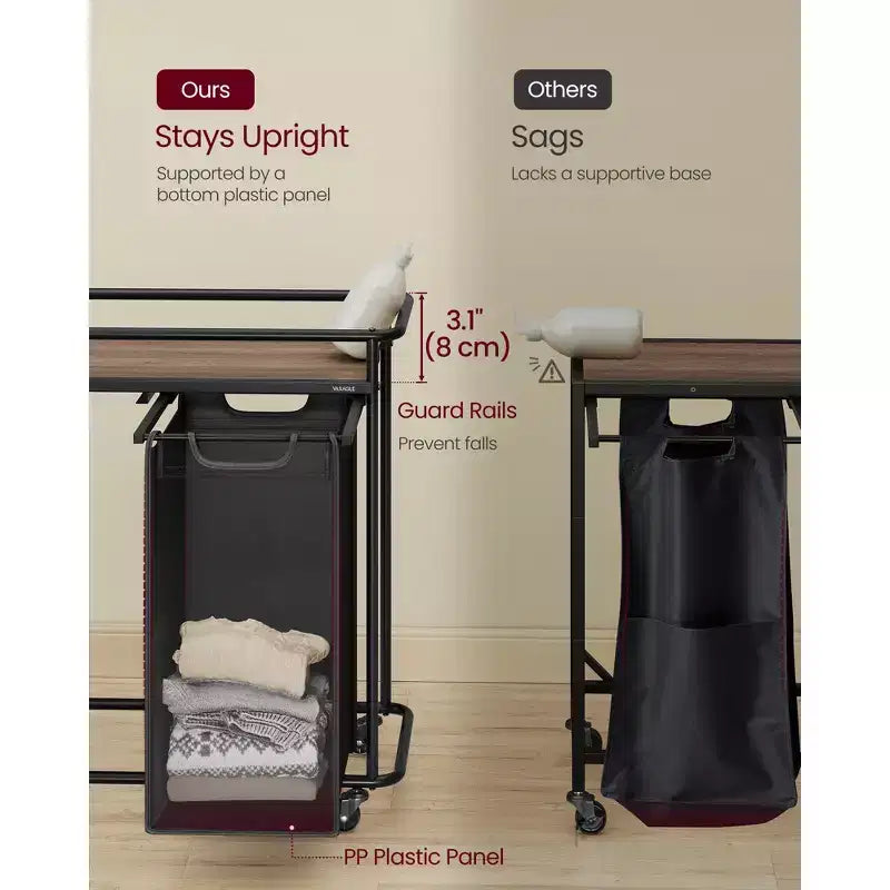 Trieur à linge à roulettes, panier roulant de 100 L avec 2 sacs amovibles et 6 étiquettes, étagère supérieure pour détergent, panier à linge portable, noir encre