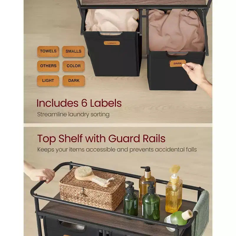Trieur à linge à roulettes, panier roulant de 100 L avec 2 sacs amovibles et 6 étiquettes, étagère supérieure pour détergent, panier à linge portable, noir encre