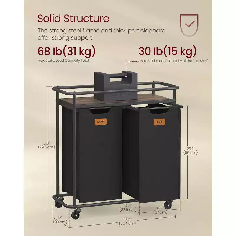 Trieur à linge à roulettes, panier roulant de 100 L avec 2 sacs amovibles et 6 étiquettes, étagère supérieure pour détergent, panier à linge portable, noir encre