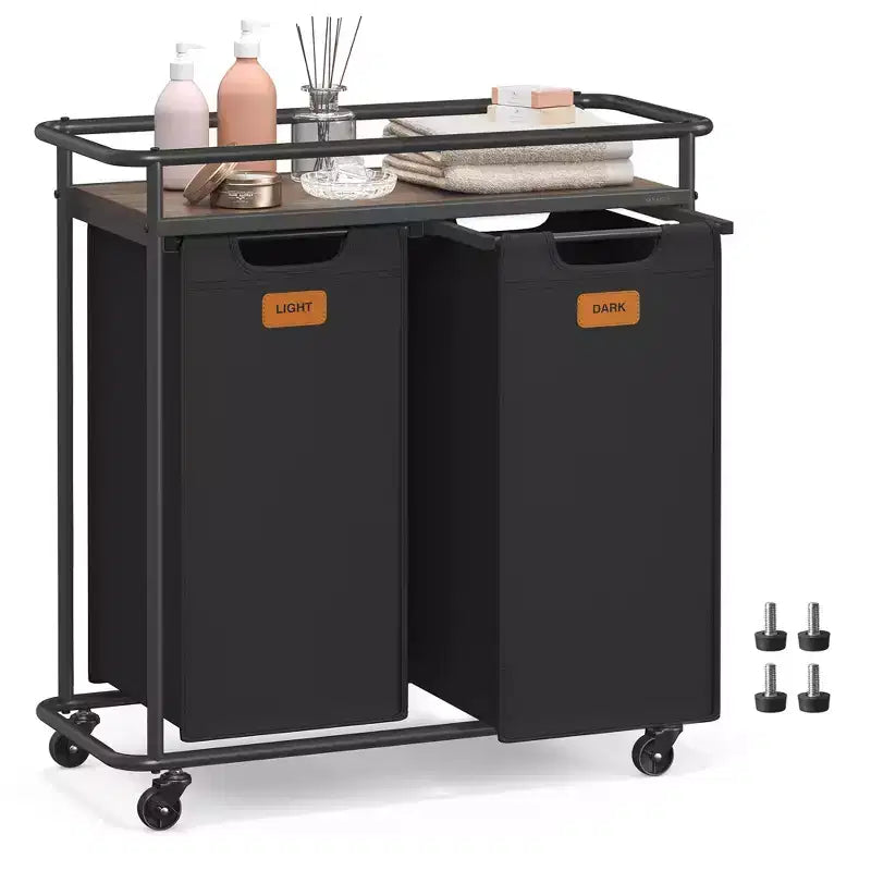 Trieur à linge à roulettes, panier roulant de 100 L avec 2 sacs amovibles et 6 étiquettes, étagère supérieure pour détergent, panier à linge portable, noir encre