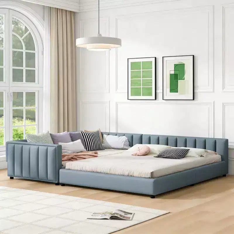 Lit gigogne rembourré Luxystar Queen & Twin XL, avec cuir PU et barrière de sécurité