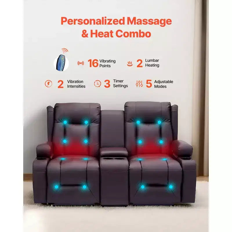 Canapé inclinable VEVOR Loveseat, canapé inclinable électrique avec chauffage, massage et minuterie, canapé inclinable électrique en cuir PU avec console centrale, marron